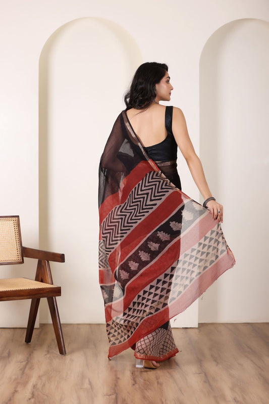 KOTA BREEZE BLACK&RED HANDWOVEN SAREE WITH ELEGANT CONTRAST BORDER