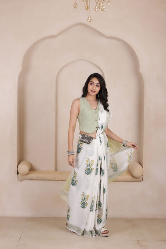 MINT MIST-SOFT MUL MUL COTTON SAREE IN WHITE WITH GREEN ACCENTS