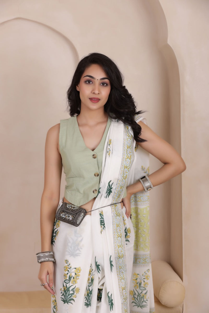 MINT MIST-SOFT MUL MUL COTTON SAREE IN WHITE WITH GREEN ACCENTS