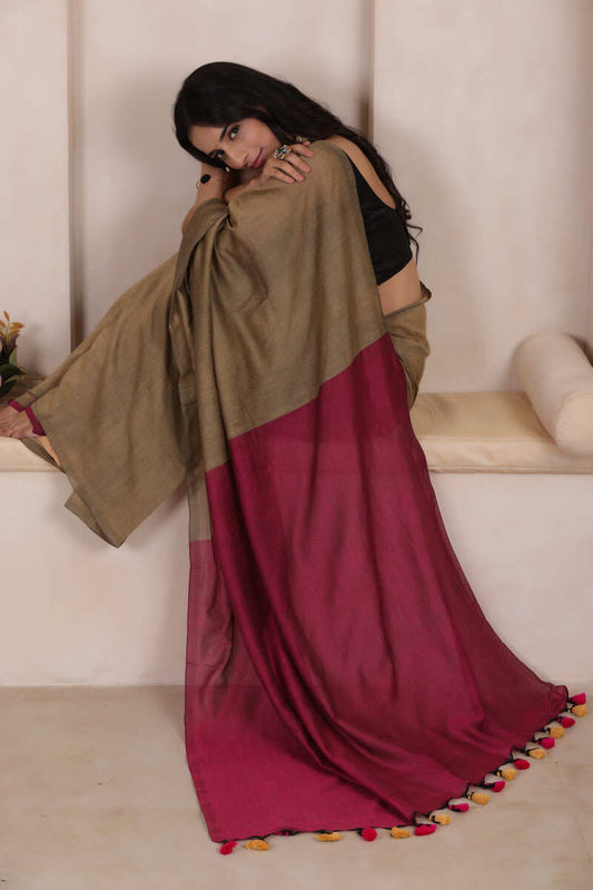 KHADI DUAL WEAVE COTTON SAREE IN SANDAL WITH PINK