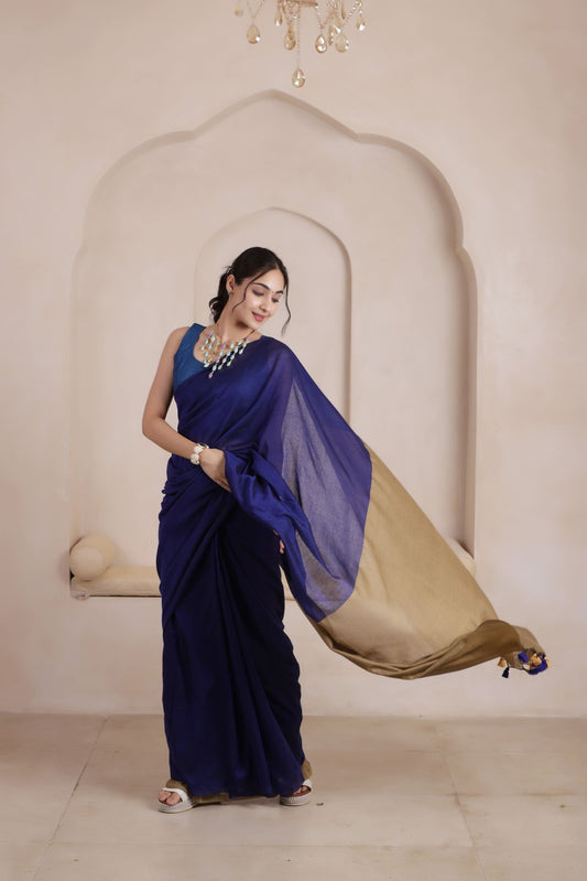 BLUE &SANDAL KHADI DUAL WEAVE COTTON SAREE