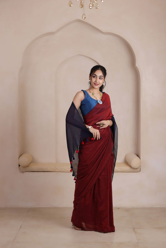 KHADI DUAL WEAVE COTTON SAREE IN MAROON&NAVYBLUE