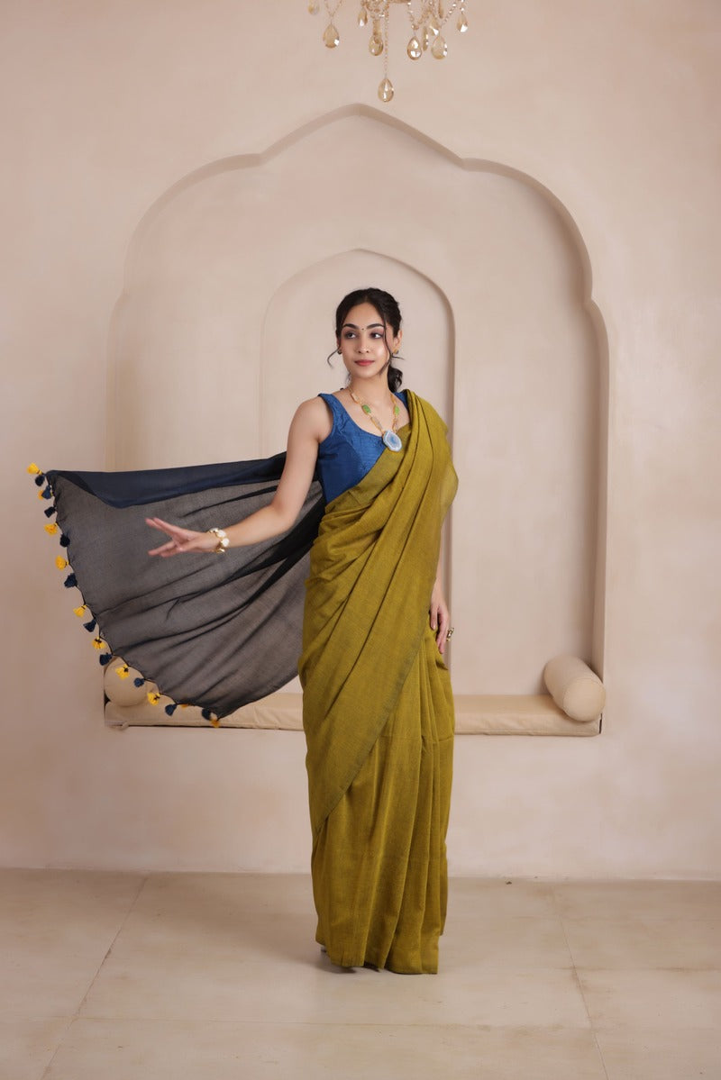 KHADI DUAL WEAVE COTTON SAREE MUSTARD YELLOW&NAVY BLUE PALLU