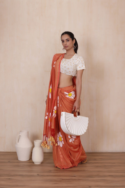 DAISY BLOOM ORANGE HANDLOOM KHADI SAREE WITH WHITE FLORAL ARTWORK