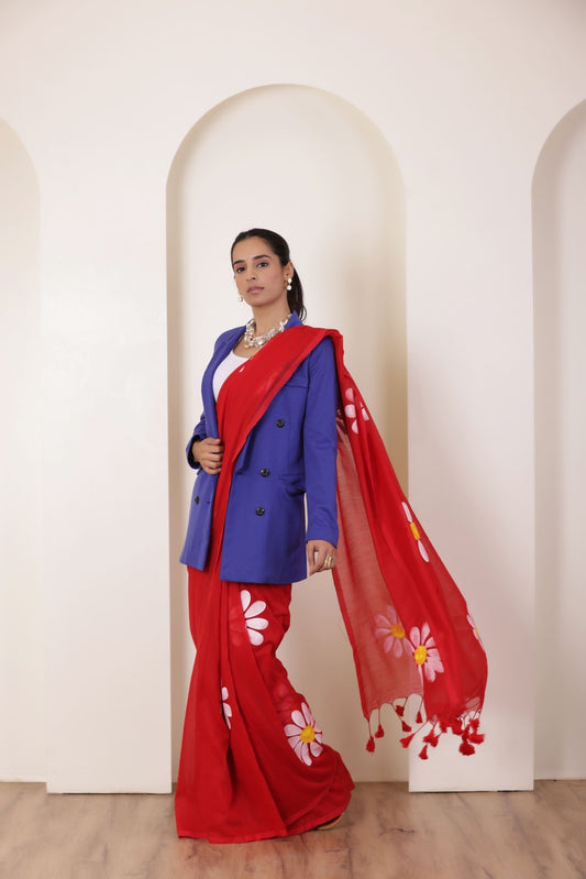 DAISY BLOOM RED KHADI COTTON SAREE WITH ARTISTIC HAND PAINTED FLOWERS
