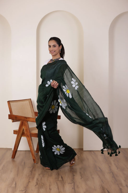 DAISY BLOOM ARTISTIC KHADI SAREE IN BOTTLE GREEN WITH WHITE DAISY ARTWORK