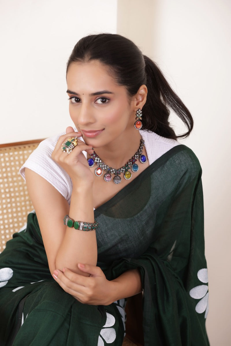 DAISY BLOOM ARTISTIC KHADI SAREE IN BOTTLE GREEN WITH WHITE DAISY ARTWORK