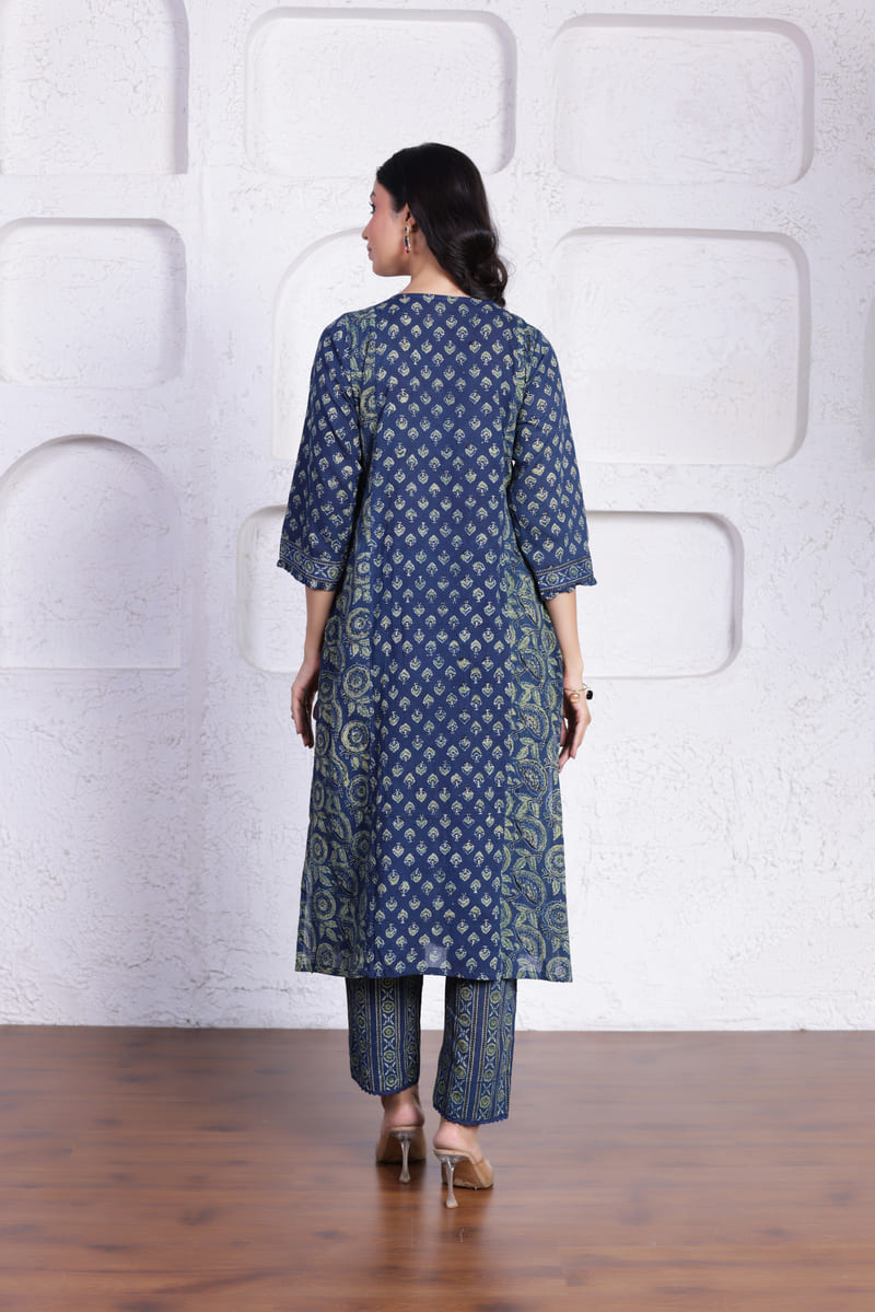 ELEGANT AJRAK CO-ORD SET WITH AUTHENTIC HAND BLOCK DETAILING IN BLUE WITH GREEN COLOUR