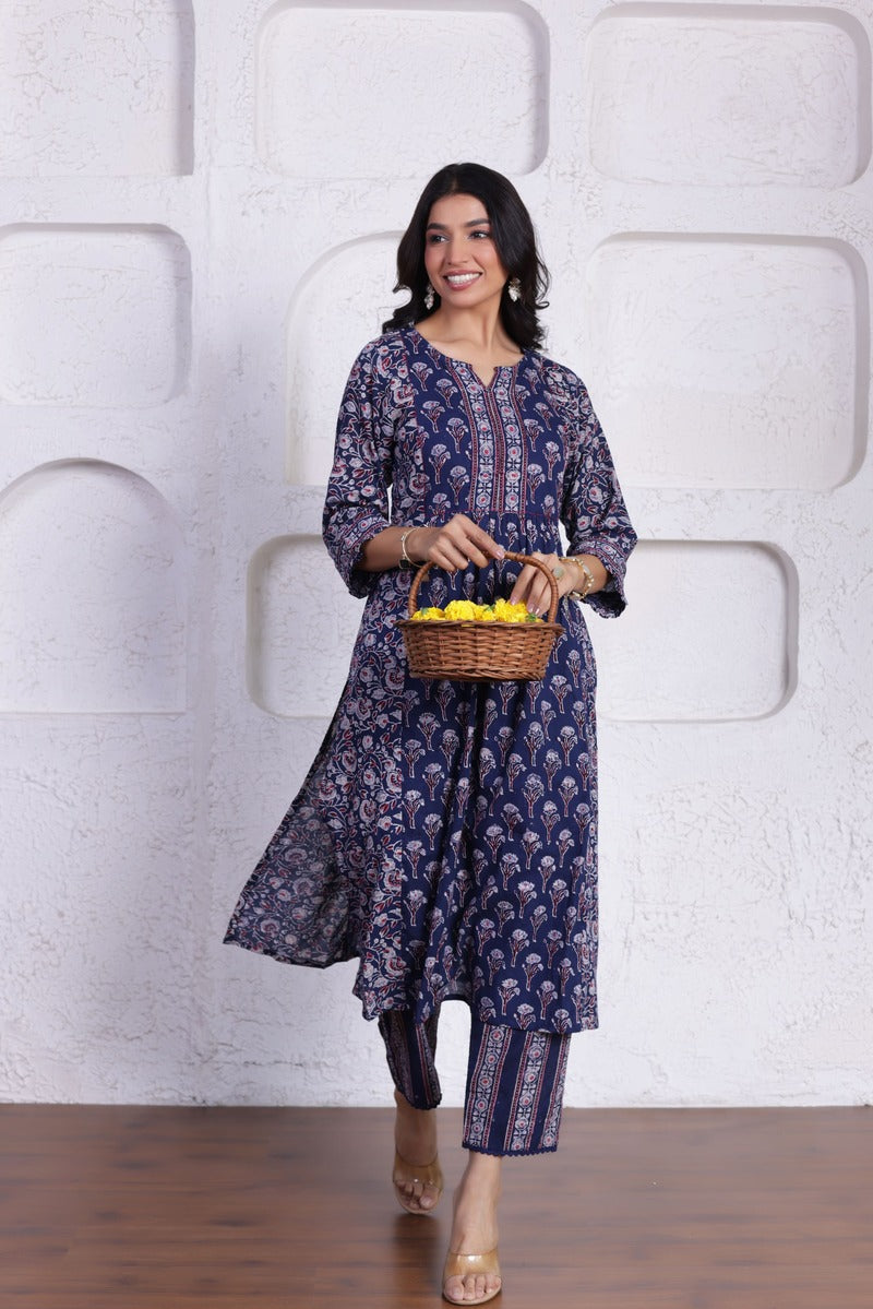 ELEGANT AJRAK CO-ORD SET WITH AUTHENTIC HAND BLOCK DETAILING IN BLUE WITH RED COLOUR