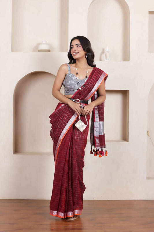 ELEGANT MAROON LINEN COTTON GRID SAREE WITH TIMELESS MINIMAL CHECKS