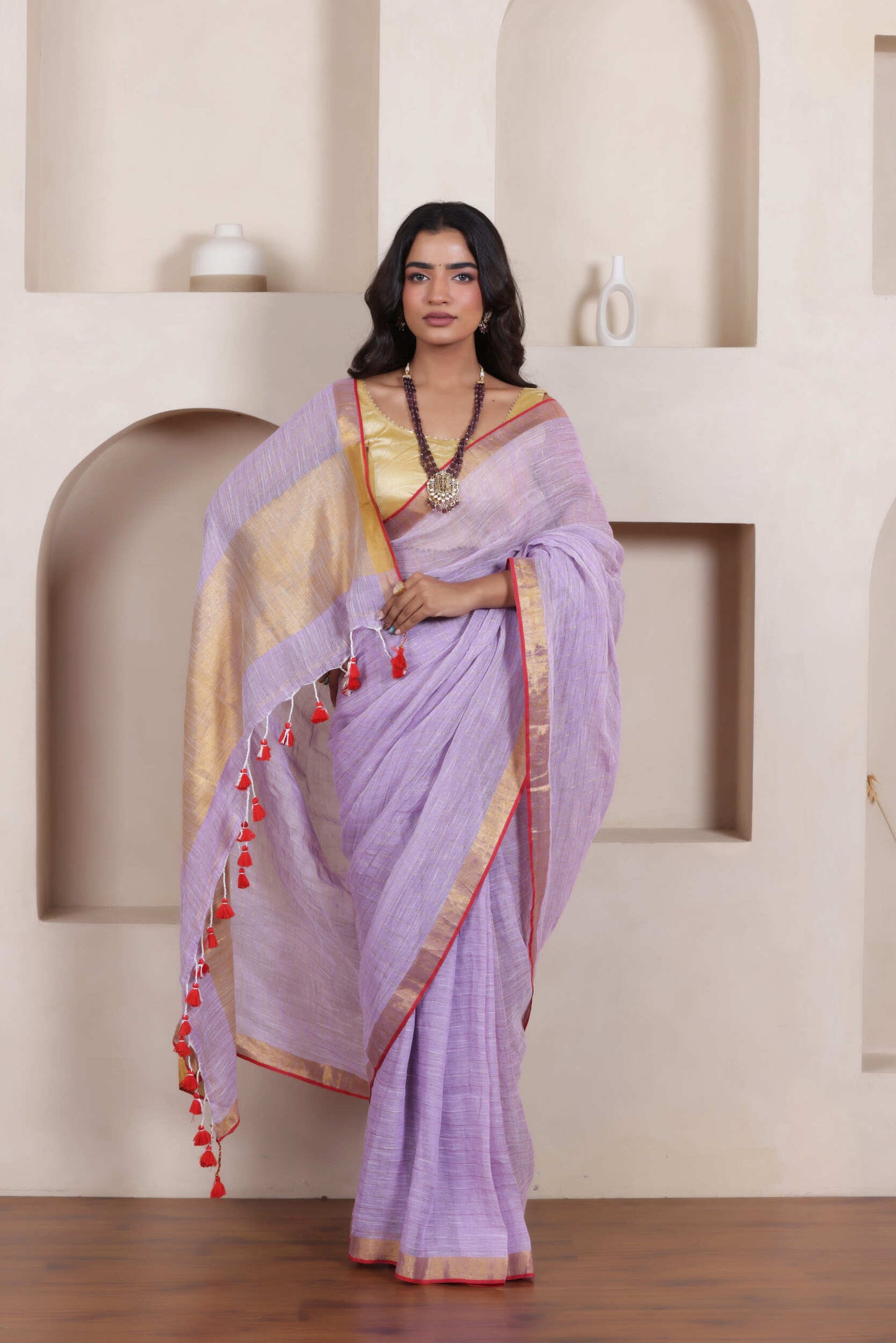 ELEGANT LAVENDER LINEN COTTON GRID SAREE WITH CLASSIC CHECK WEAVE
