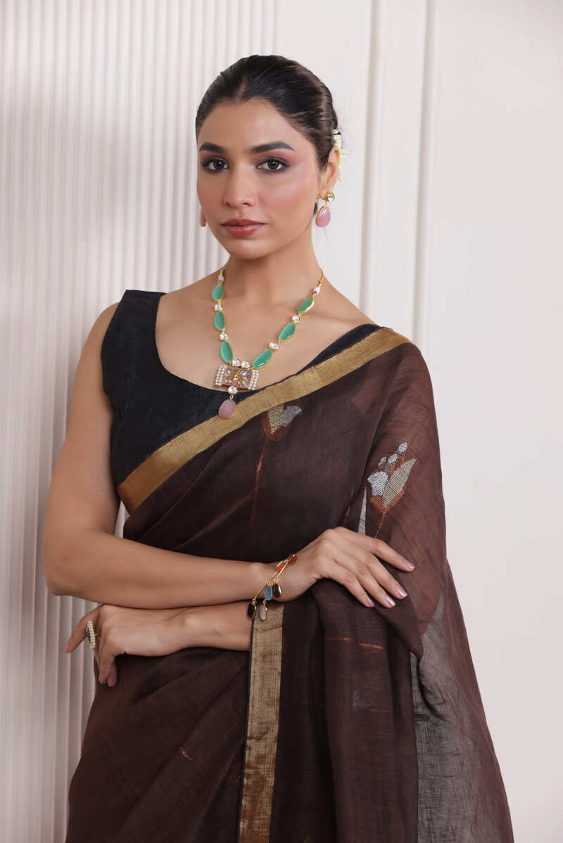WOVEN TULIP LINEN ELEGANCE SAREE EARTHY BROWN IN HANDCRAFTED BLOOM