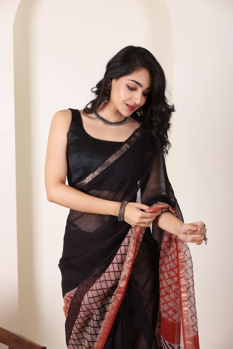 KOTA BREEZE BLACK&RED HANDWOVEN SAREE WITH ELEGANT CONTRAST BORDER