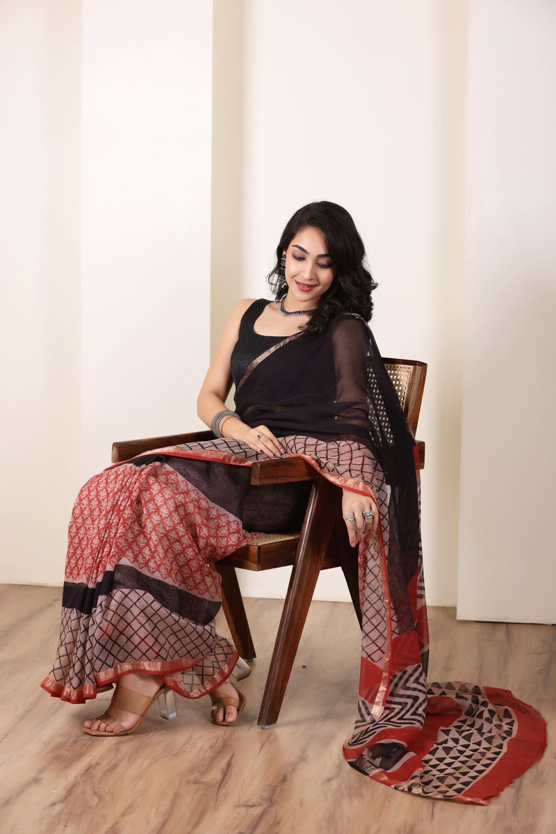 KOTA BREEZE BLACK&RED HANDWOVEN SAREE WITH ELEGANT CONTRAST BORDER