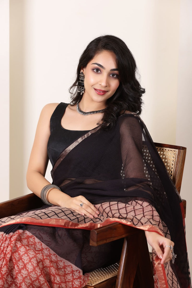 KOTA BREEZE BLACK&RED HANDWOVEN SAREE WITH ELEGANT CONTRAST BORDER