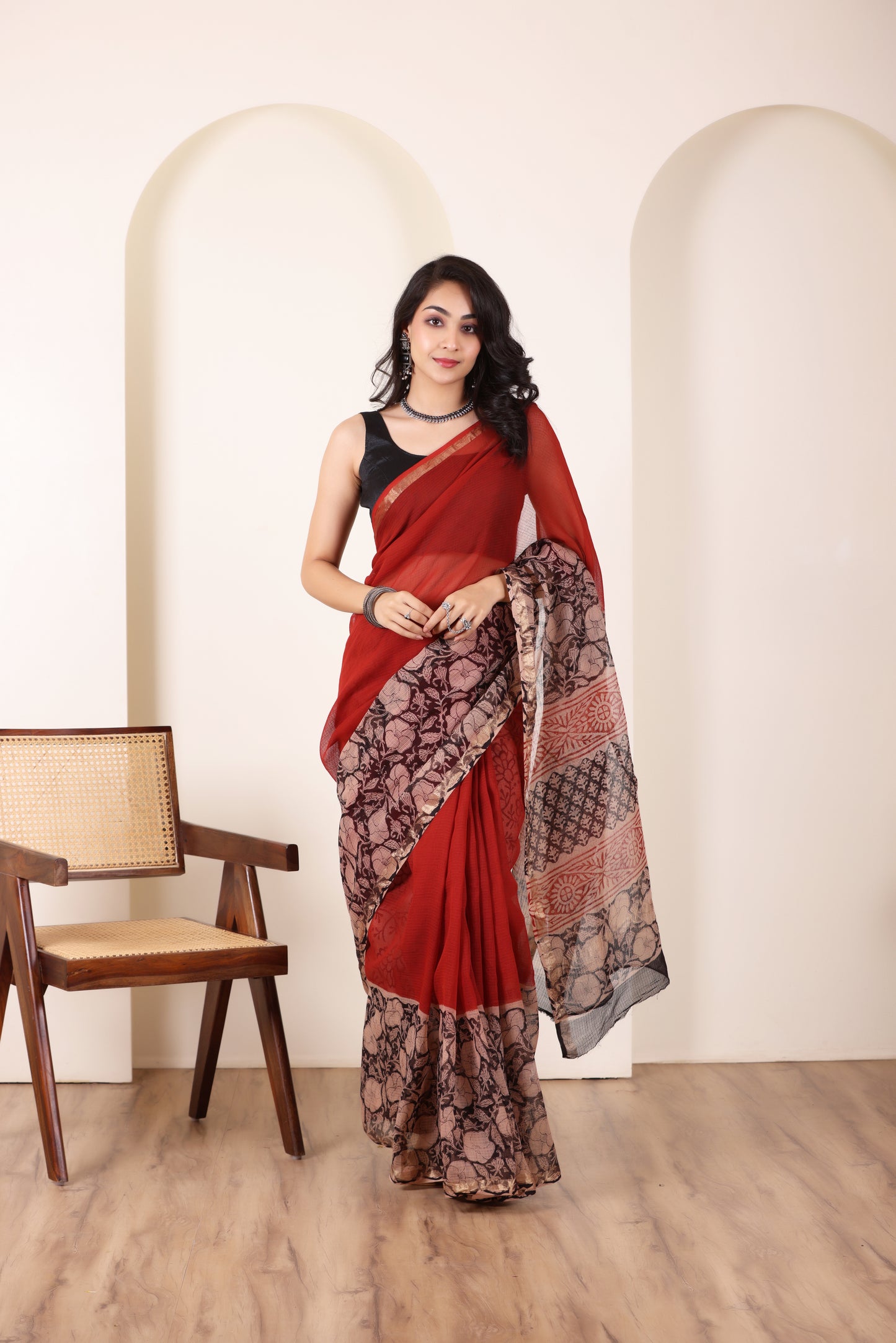 THREADS OF KOTA RED&BLACK LIGHTWEIGHT COTTON SAREE