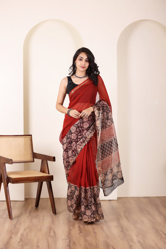 THREADS OF KOTA RED&BLACK LIGHTWEIGHT COTTON SAREE