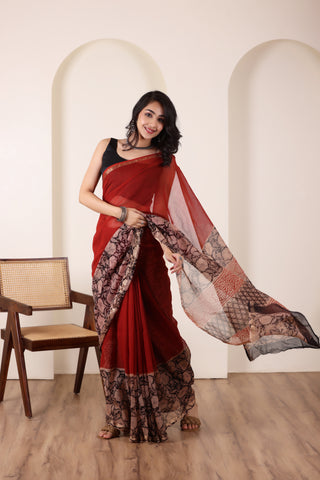 THREADS OF KOTA RED&BLACK LIGHTWEIGHT COTTON SAREE