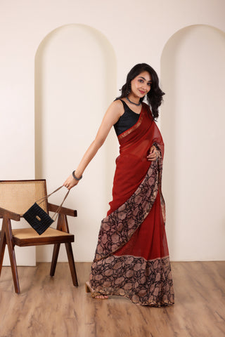 THREADS OF KOTA RED&BLACK LIGHTWEIGHT COTTON SAREE