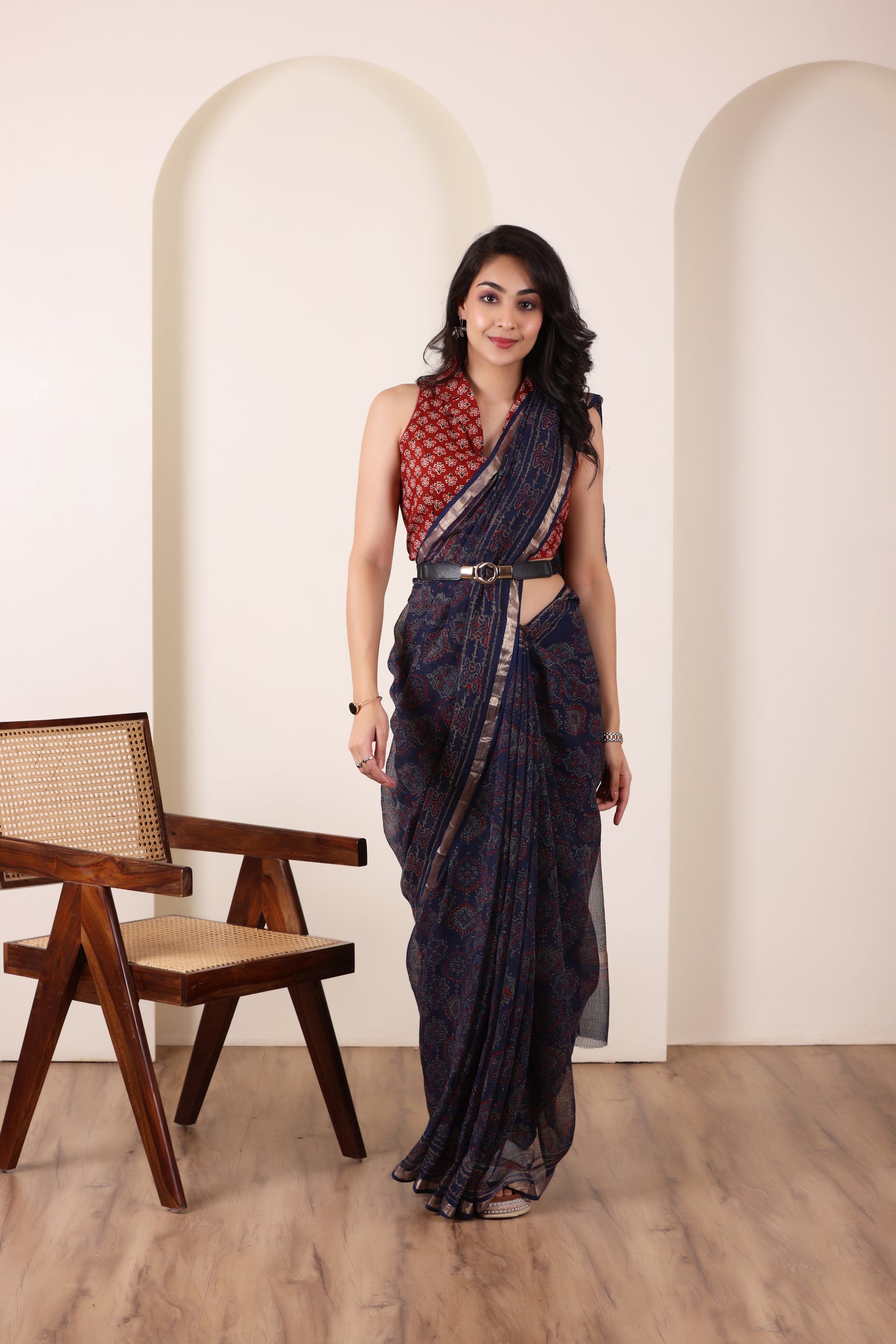 THREADS OF KOTA NAVY BLUE HANDWOVEN KOTA DORIA SAREE WITH SUBTLE ZARI BORDER
