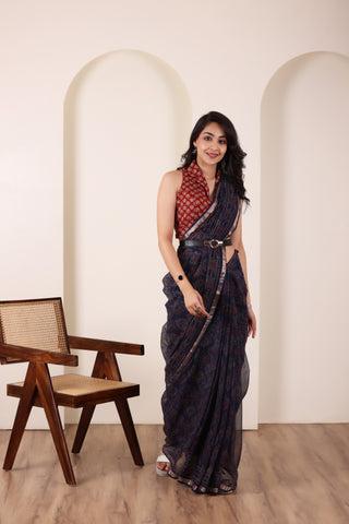 THREADS OF KOTA NAVY BLUE HANDWOVEN KOTA DORIA SAREE WITH SUBTLE ZARI BORDER