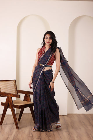 THREADS OF KOTA NAVY BLUE HANDWOVEN KOTA DORIA SAREE WITH SUBTLE ZARI BORDER