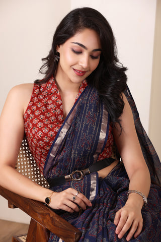 THREADS OF KOTA NAVY BLUE HANDWOVEN KOTA DORIA SAREE WITH SUBTLE ZARI BORDER