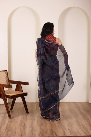 THREADS OF KOTA NAVY BLUE HANDWOVEN KOTA DORIA SAREE WITH SUBTLE ZARI BORDER