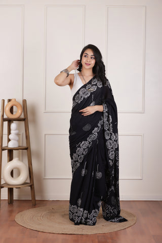 SOFT MUL MUL  COTTON SAREE IN JET BLACK-LIGHTWEIGHT&BREATHABLE