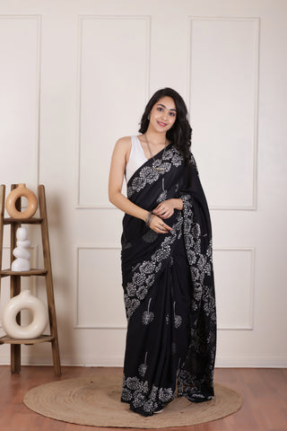 SOFT MUL MUL  COTTON SAREE IN JET BLACK-LIGHTWEIGHT&BREATHABLE