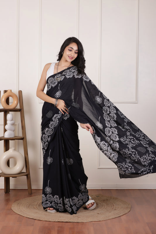 SOFT MUL MUL  COTTON SAREE IN JET BLACK-LIGHTWEIGHT&BREATHABLE