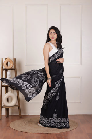 SOFT MUL MUL  COTTON SAREE IN JET BLACK-LIGHTWEIGHT&BREATHABLE