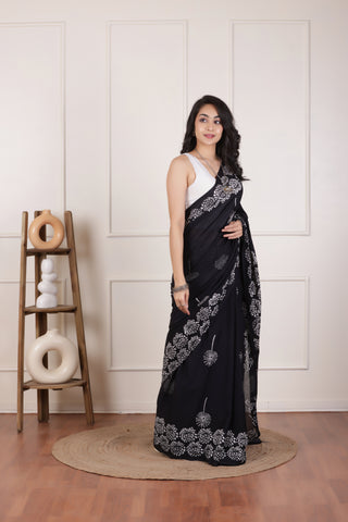 SOFT MUL MUL  COTTON SAREE IN JET BLACK-LIGHTWEIGHT&BREATHABLE