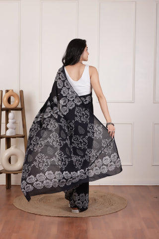 SOFT MUL MUL  COTTON SAREE IN JET BLACK-LIGHTWEIGHT&BREATHABLE