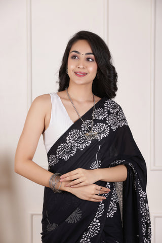 SOFT MUL MUL  COTTON SAREE IN JET BLACK-LIGHTWEIGHT&BREATHABLE
