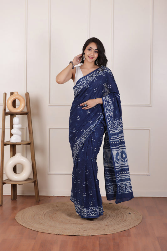 INDIGO BLOOM-SOFT MUL MUL COTTON SAREE WITH ATRISTIC FINISH