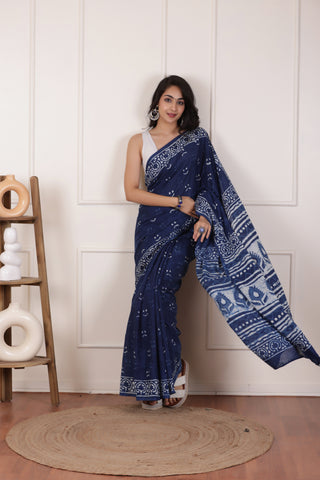 INDIGO BLOOM-SOFT MUL MUL COTTON SAREE WITH ATRISTIC FINISH
