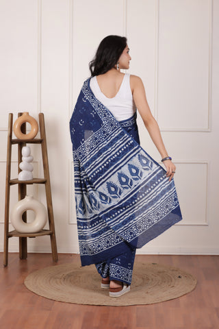INDIGO BLOOM-SOFT MUL MUL COTTON SAREE WITH ATRISTIC FINISH