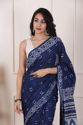 INDIGO BLOOM-SOFT MUL MUL COTTON SAREE WITH ATRISTIC FINISH