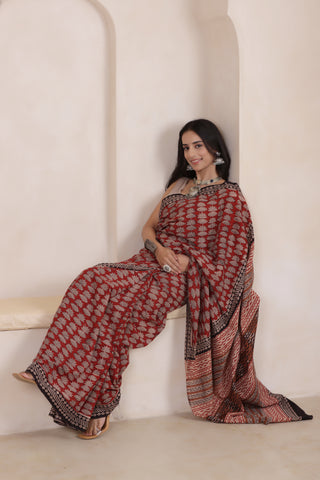 SOFT MUL MUL  COTTON SAREE IN BRICK RED-LIGHTWEIGHT&AIRY