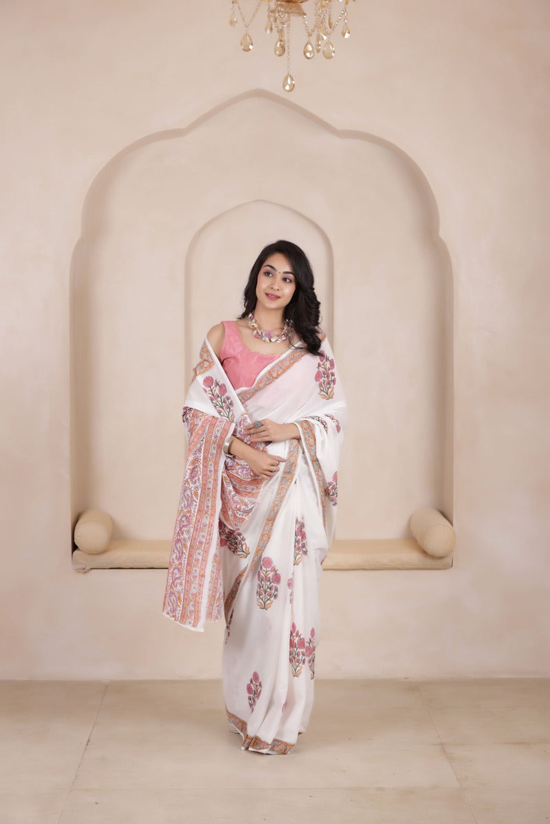 ULTRA SOFT MUL MUL COTTON SAREE IN WHITE&PINK COMBO