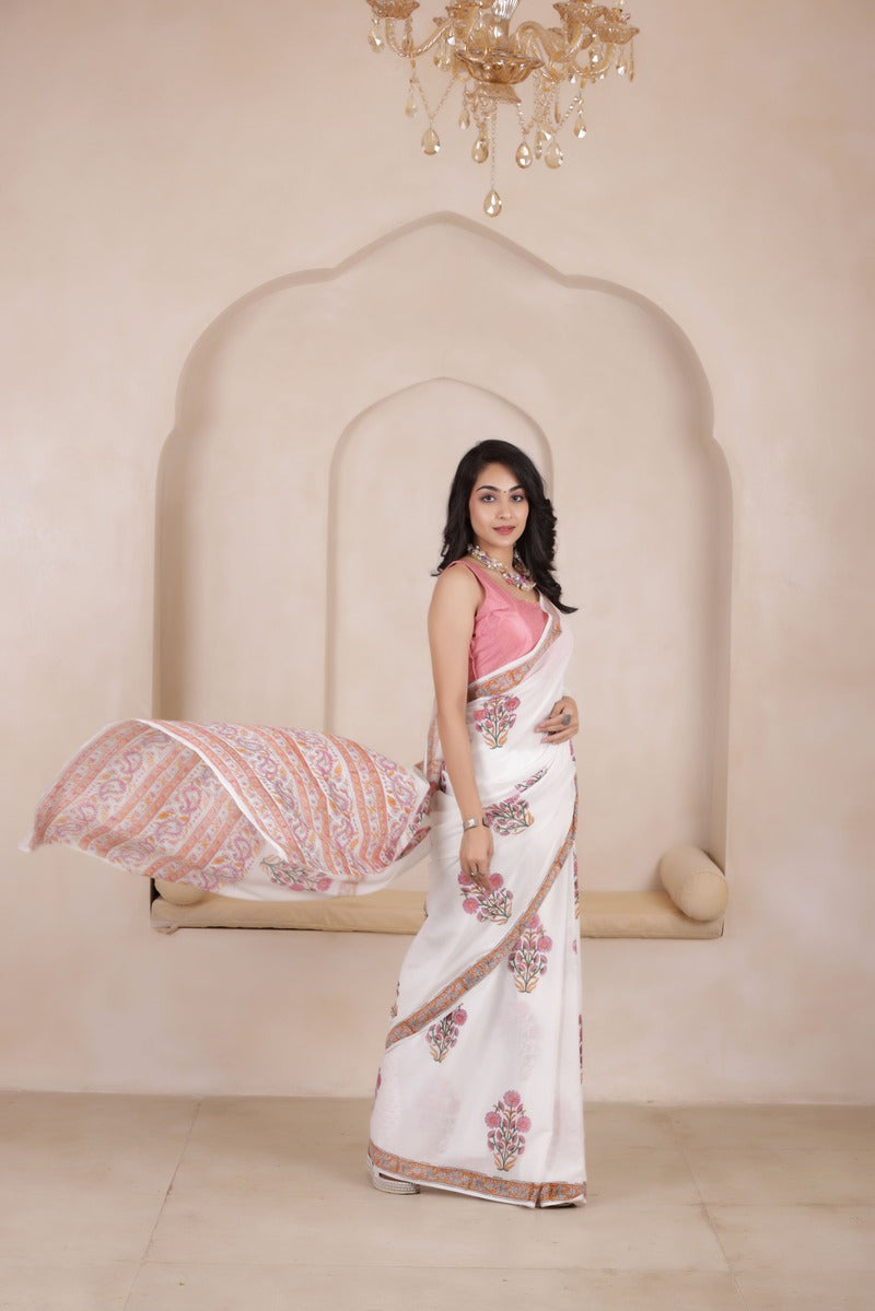 ULTRA SOFT MUL MUL COTTON SAREE IN WHITE&PINK COMBO