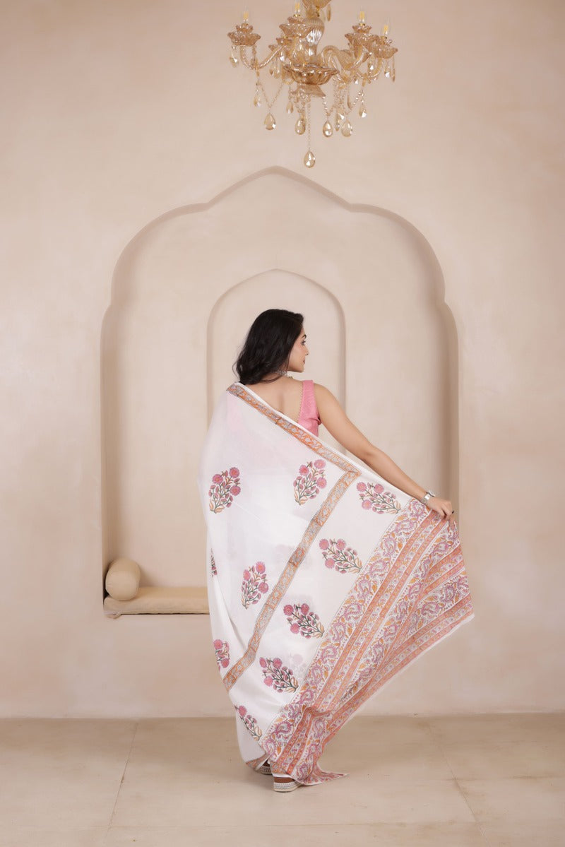 ULTRA SOFT MUL MUL COTTON SAREE IN WHITE&PINK COMBO