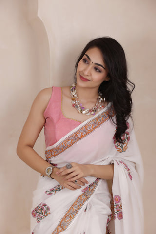 ULTRA SOFT MUL MUL COTTON SAREE IN WHITE&PINK COMBO