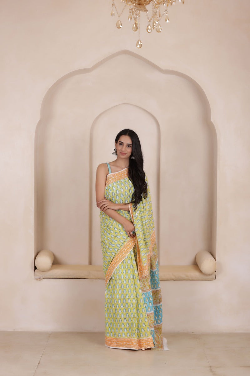 MEADOW MIST-SOFT MUL MUL COTTON SAREE IN LIGHT MOSS GREEN