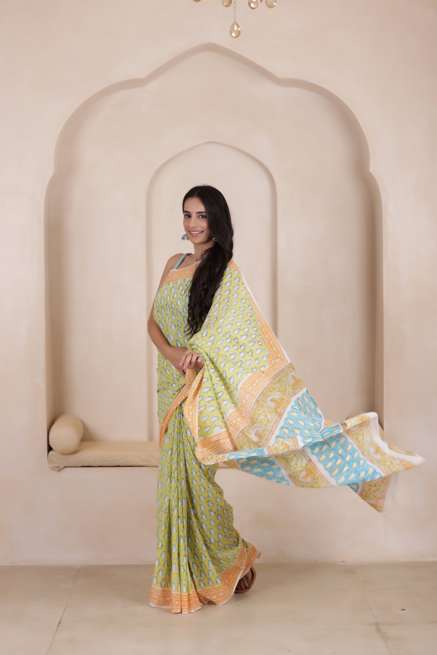 MEADOW MIST-SOFT MUL MUL COTTON SAREE IN LIGHT MOSS GREEN