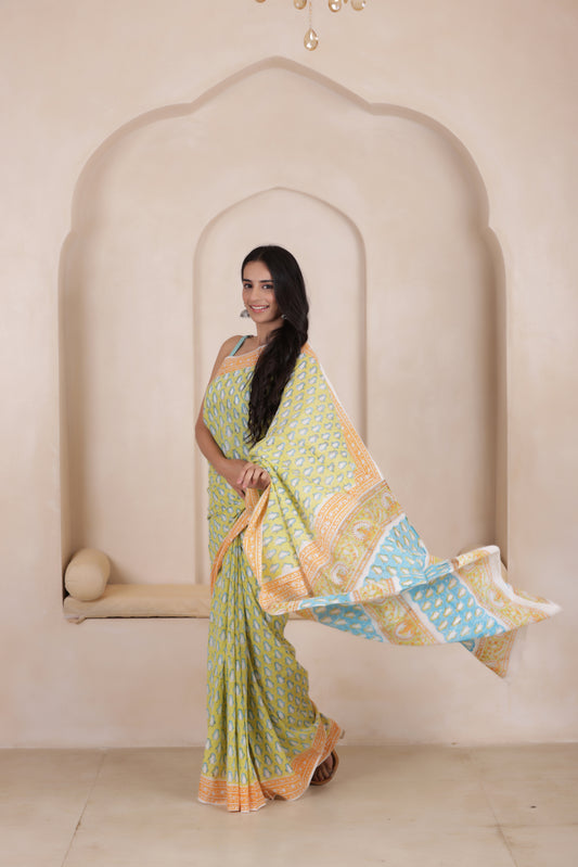 MEADOW MIST-SOFT MUL MUL COTTON SAREE IN LIGHT MOSS GREEN