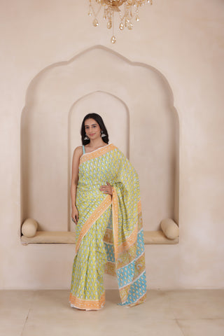 MEADOW MIST-SOFT MUL MUL COTTON SAREE IN LIGHT MOSS GREEN