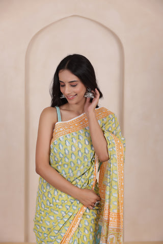 MEADOW MIST-SOFT MUL MUL COTTON SAREE IN LIGHT MOSS GREEN