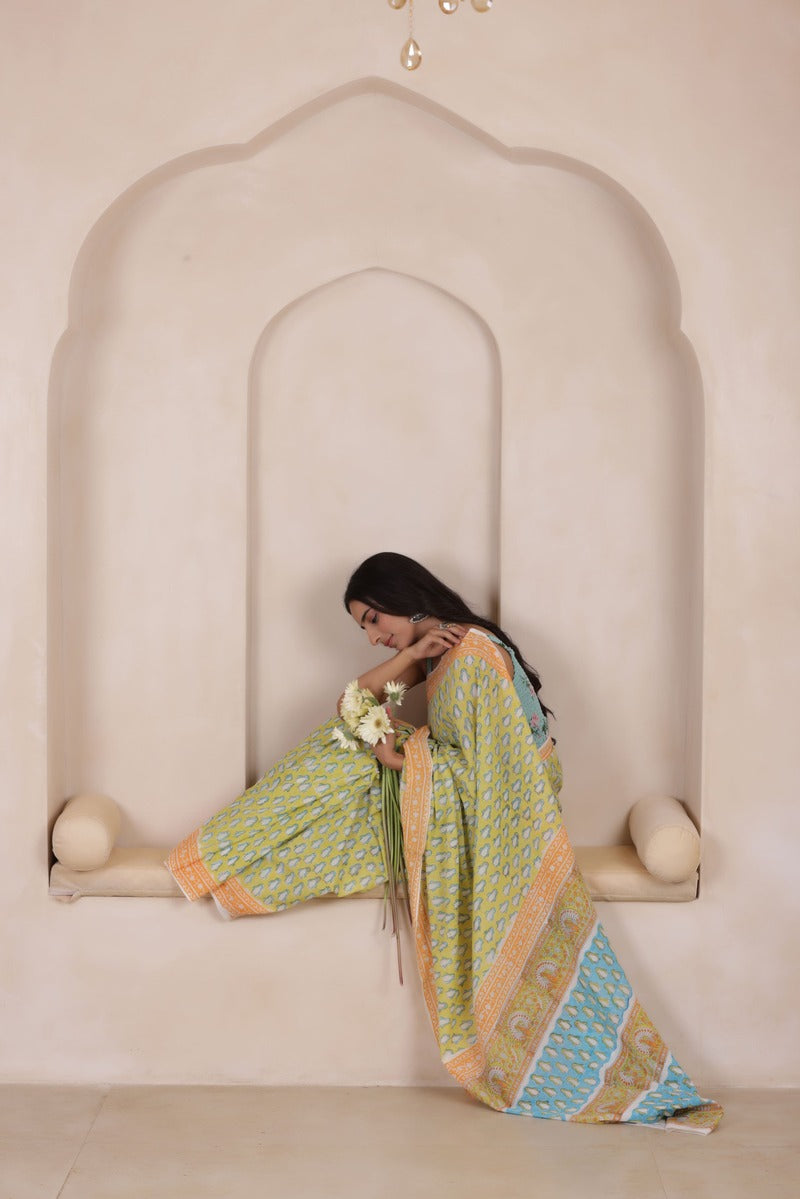 MEADOW MIST-SOFT MUL MUL COTTON SAREE IN LIGHT MOSS GREEN